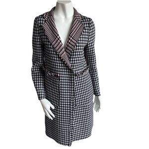 Left Turn Women's XS Houndstooth Wool Blend Mid Length Coat Preppy Cozy Luxury